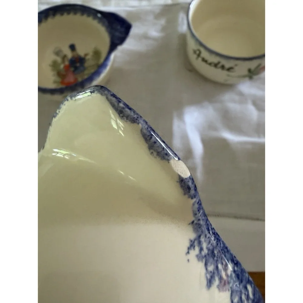French Folk Art Breton Bowls And Cafe Any Lait Cup Handpainted And Signed Blue